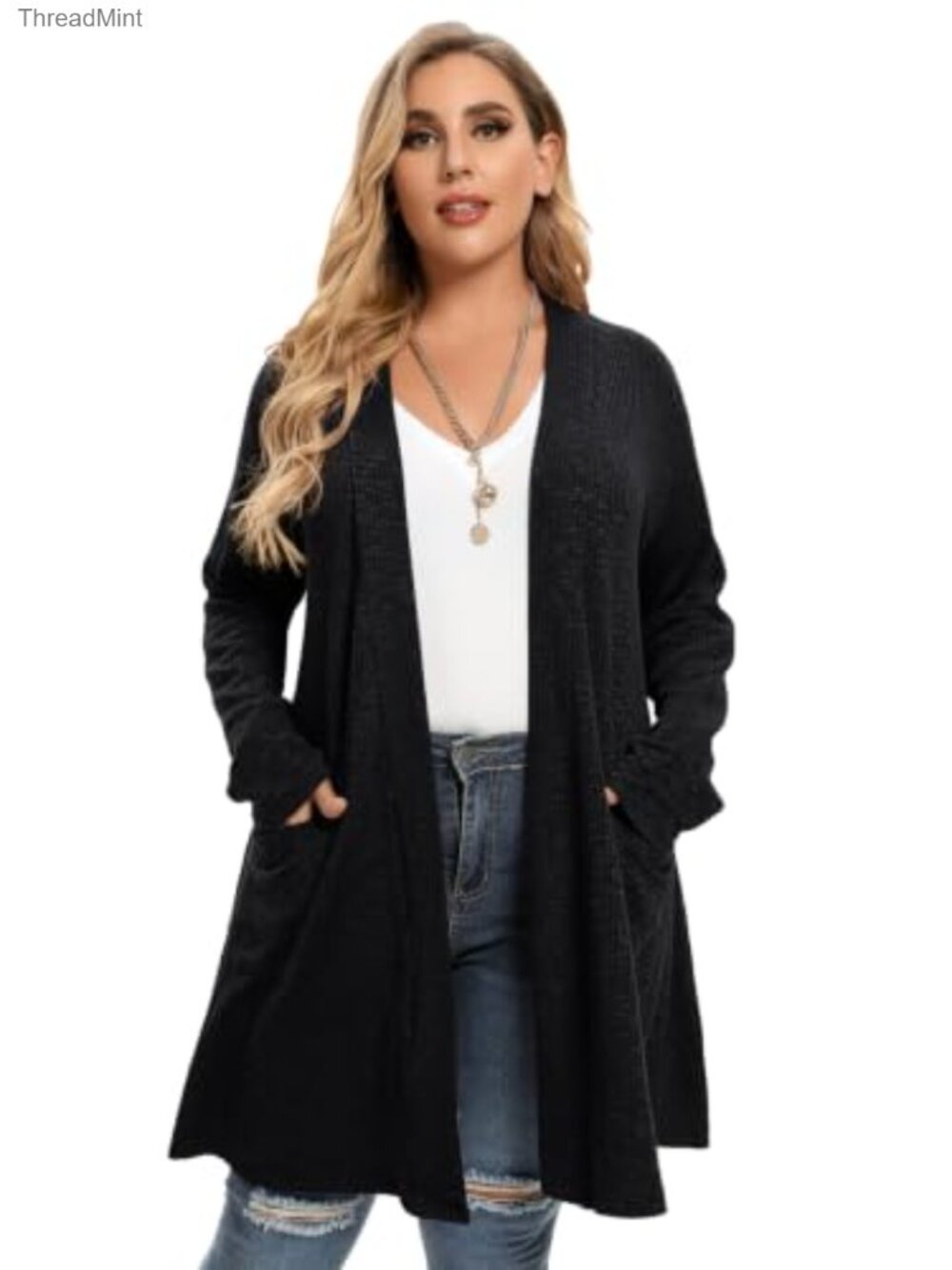 Plus Size Open Front Knit Cardigan Sweater with Pockets Long Sleeve